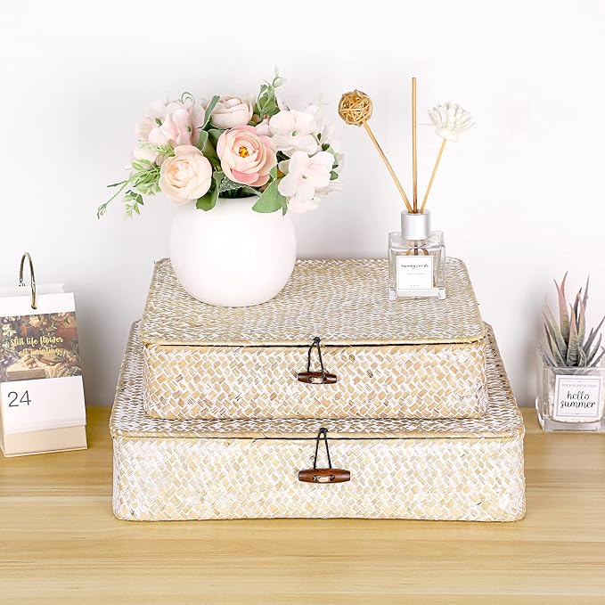 Hipiwe Set of 2 Flat Woven Wicker Storage Bins with Lid Natural Seagrass Basket Boxes Multipurpose Home Organizer Bins Boxes for Shelf Organizer (Whitewash) - Image 2
