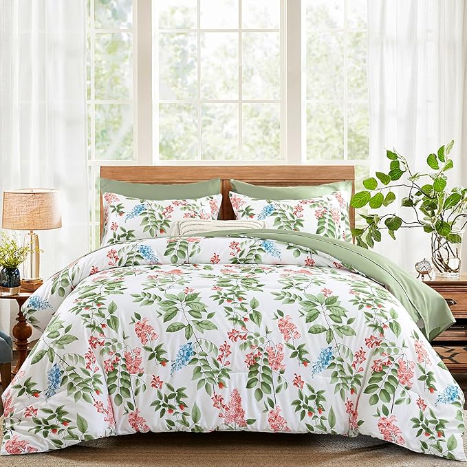 Green Comforter Set King Size Floral 7-Piece Bedding Set,Botanical Comforter Set with Pillowcases,Soft Microfiber Complete Bedding Sets for All Season