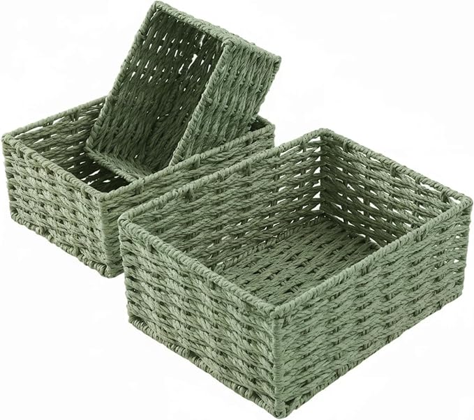 Small Wicker Basket for Organizing, Woven Storage Basket Set of 3 - Handwoven Natural Paper Rope Baskets to Declutter Any Room, Perfect for Organizing and Home Decor (Green) - Image 7