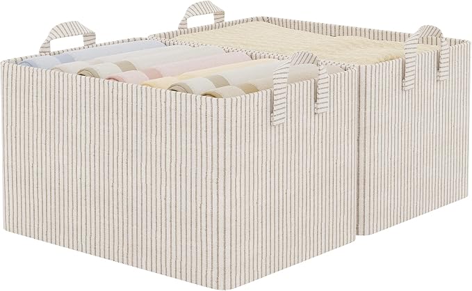 StorageWorks Storage Bins, Fabric Storage Bins for Shelves, Extra Large Storage Baskets with Metal Frame, Closet Baskets and Bins with Handles, Jumbo, Khaki and Beige Stripes, 2-Pack by StorageWorks