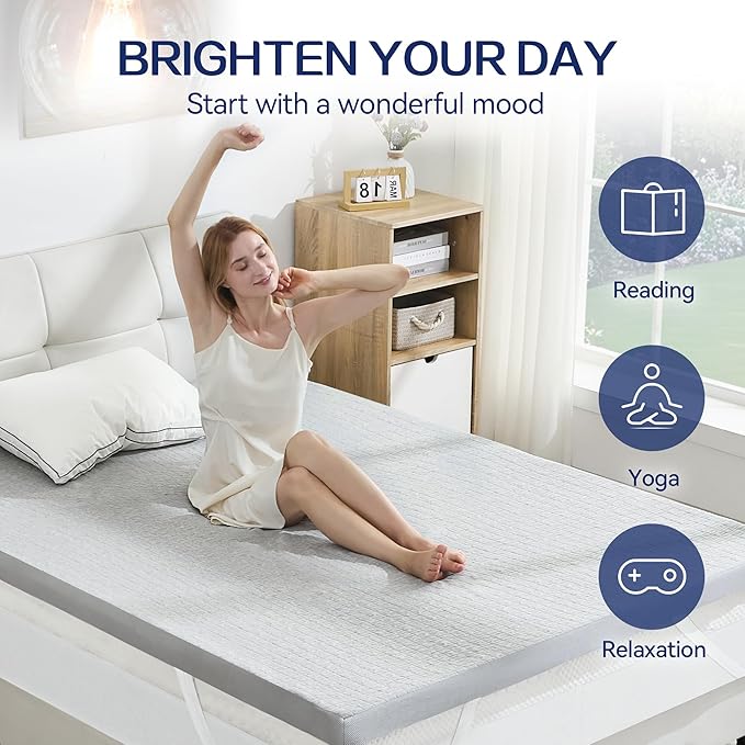SINWEEK 2 Inch Mattress Topper Queen Size, Soft Memory Foam for Back Pain Relief, Breathable Bed Topper with Grey Cover, CertiPUR-US Certified