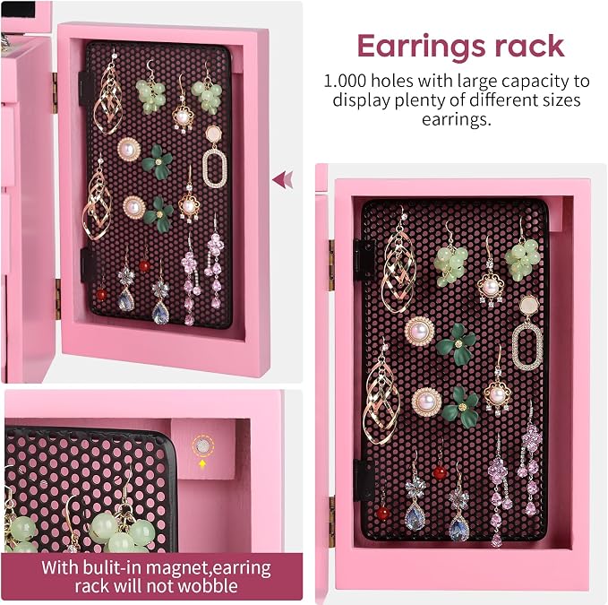 Meangood Jewelry Box Wood for Wowen, 5-Layer Large Organizer Box with Mirror & 4 Drawers for Rings, Earrings, Necklaces, Pink - Image 4
