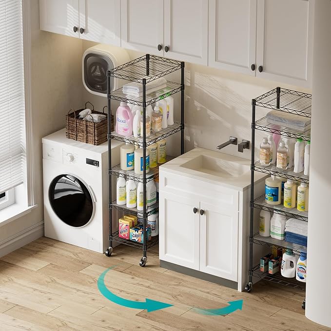 SINGAYE 6 Small Shelf Storage Wire Shelves Closet Bathroom Organizers Metal Pantry Kitchen Garage Shelving Unit Laundry Room Organization Home Narrow Rack Net Basket with Wheels Black - Image 4