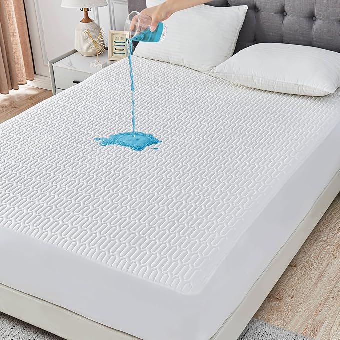Waterproof Mattress Protector Twin Size, Mattress Pad Cover with Deep Pocket Fitted Up to 6"-15" Depth, Noiseless Soft Breathable Bed Mattress Cover Washable, White
