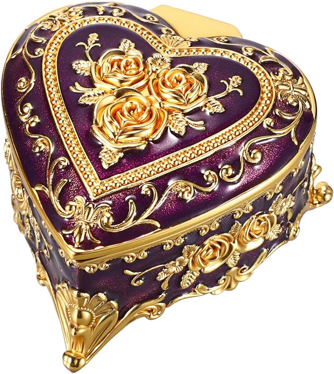 Hipiwe Decorative Jewelry Box Purple Vintage Jewelry Storage Case with Rose Pattern Heart Shaped Treasure Chest Box for Earrings Ring Necklace Keepsake Organizer by Hipiwe