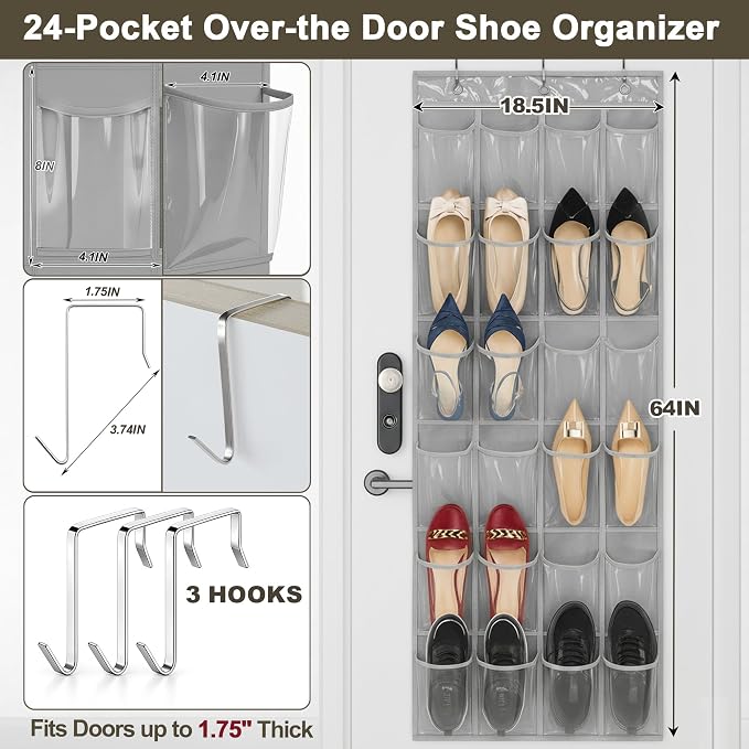 Over The Door Shoe Organizer - Space Saving Shoe Rack for Closet Door with 24 Crystal Clear Pockets and Metal Hooks, Shoe Holder Back of Door Organizers for Shoes, Gray Hanging Shoe Organizer (Gray) - Image 4