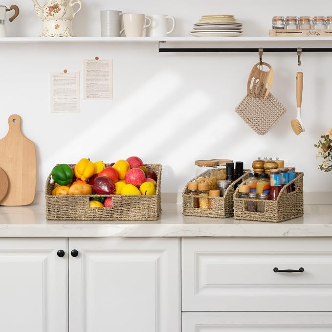 StorageWorks Seagrass Pantry Storage Baskets, Wicker Baskets with Built-in Handles, Handwoven Shelf Baskets for Organizing, Pantry Organizers and Storage, 3 Pack - Image 8