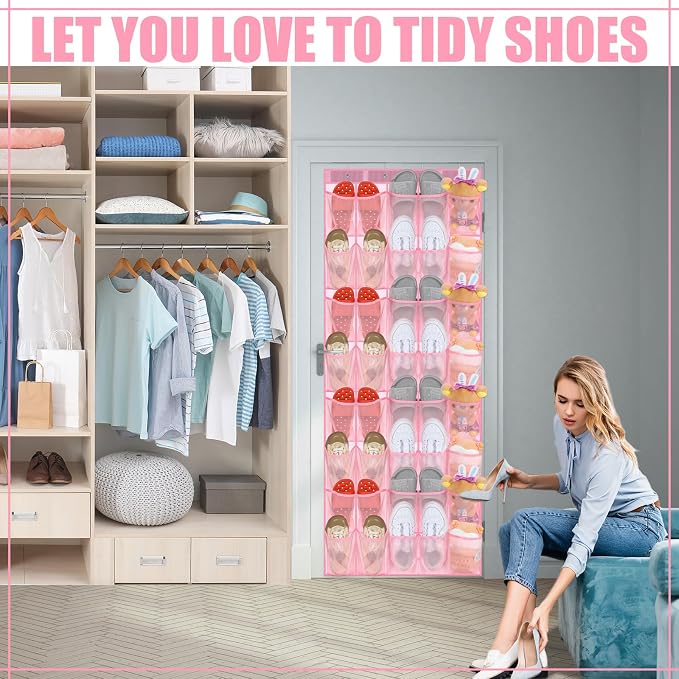 Windyun 40 Over the Door Shoe Organizer Large Breathable Mesh Pockets Pink Hanging Shoe Rack for Closet Behind Door Hanger Storage Holder Nonslip Hooks for Women Entryway Bedroom Utility Room - Image 4