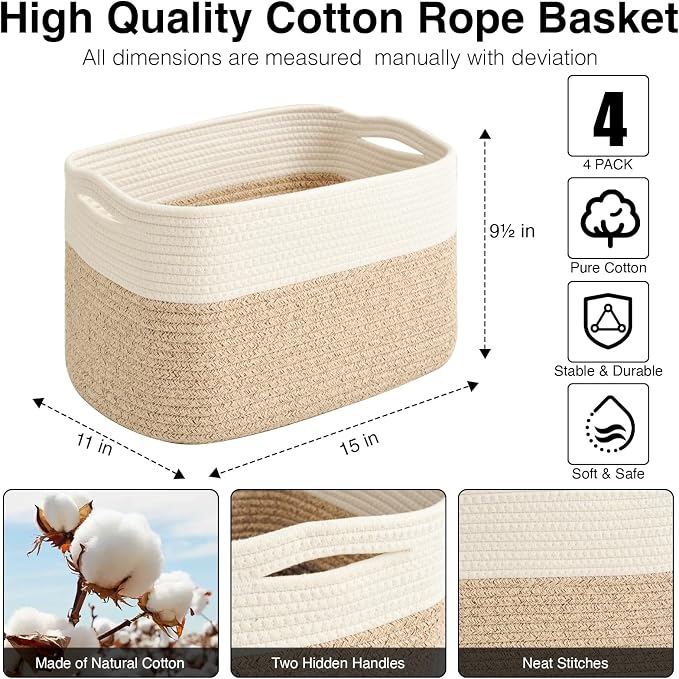 ICERZCZ Storage Baskets for Organizing & Shelves, Woven Cotton Rope Organization Bins for Dog Toys, Clothes, Books, Nursery Organizer, 15" Lx11''Wx9.5''H, (4 Packs) Off White & Brown - Image 3