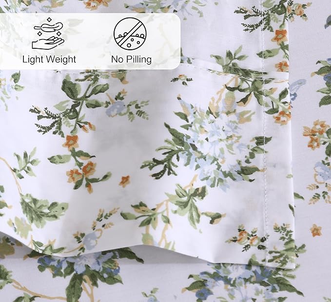 RUVANTI 100% Cotton Sheets – Full Size Percale Bedding, Cooling & Breathable Floral Design, Durable with a Crisp, Soft & Comfortable Feel, 16" Deep Pocket, 4-Piece Set, Heritage