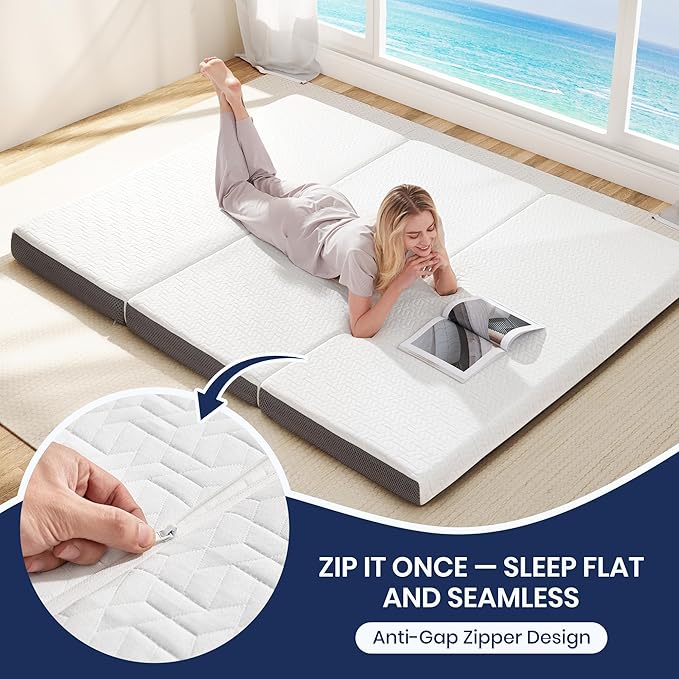 Hanherry 4 Inch Foldable Mattress Queen Size, Tri-Folding Portable Memory Foam Topper Floor Bed with Storage Bag, Washable Cover for Travel, Camping, RV, Guest