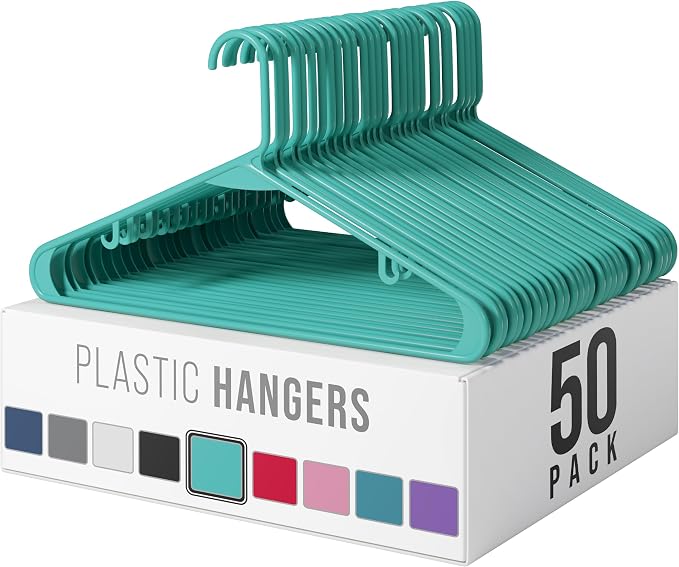 Plastic Hangers 50 Pack Aqua - Clothes Hangers - Makes The Perfect Coat Hanger and General Space Saving Hangers for Closet and New Apartment Essentials - Percheros Ganchos para Colgar Ropa Hangars by Neaterize