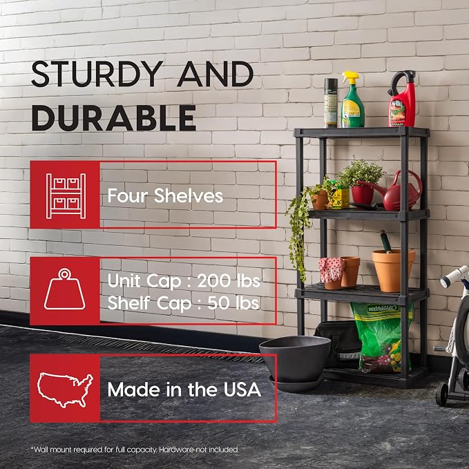 IRIS USA 4-Shelf Light Duty Plastic Storage Shelves, 200lb Capacity, 48" H x 24" W x 12" D, Medium Modular Shelving Unit Storage Organizer for Bathroom, Laundry, Garage & Home, Storage Rack - Black - Image 3