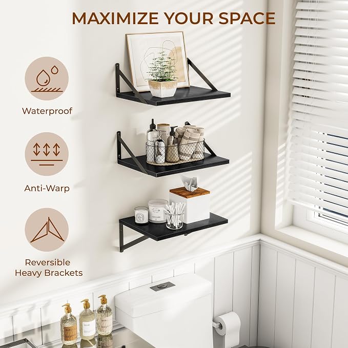 Heimlove Deep Floating Shelves for Wall, 12 Inch Deep Floating Shelves Set of 3, 16W x 12D Wood Wall Shelves, Wide Wood Shelves with Metal Bracket for Living Room, Kitchen, Office, Bedroom - Black - Image 4