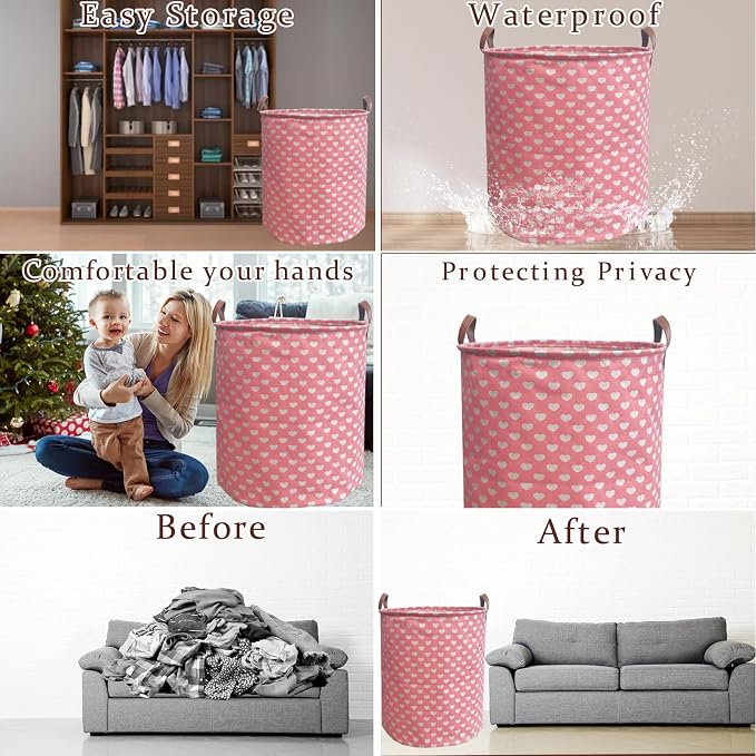 Waterproof Laundry Hamper Collapsible Laundry Basket Leather Handle Laundry Bag Large Clothes Storage Toy Organization for Bathroom Bedroom Laundryroom College Dorms (Laundry Basket-002) - Image 2