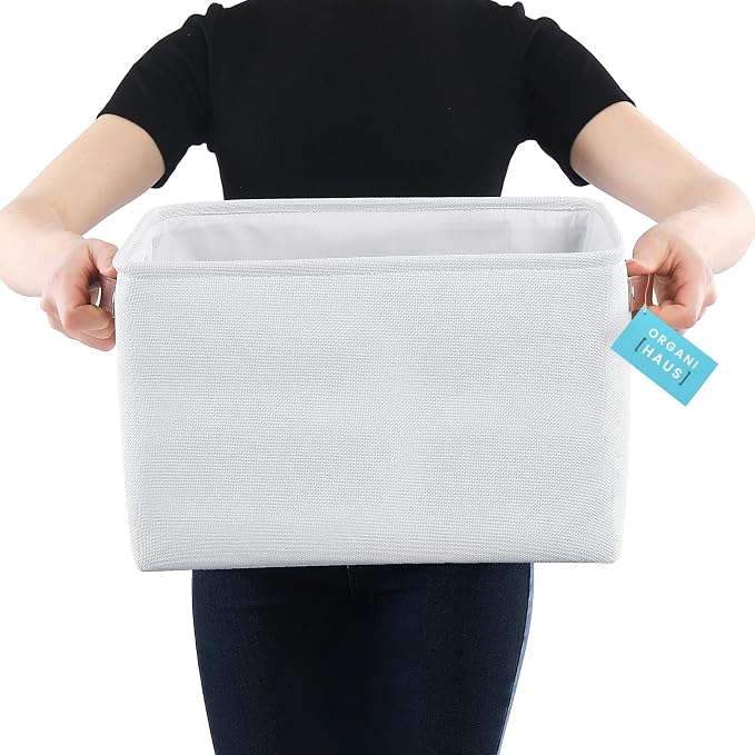 OrganiHaus Large Fabric Storage Baskets for Shelves 3 Pack, 15x11in Closet Storage Bins, Canvas Storage Bin for Organizing, Cloth Baskets, Linen Closet Organizers, Off-White - Image 3