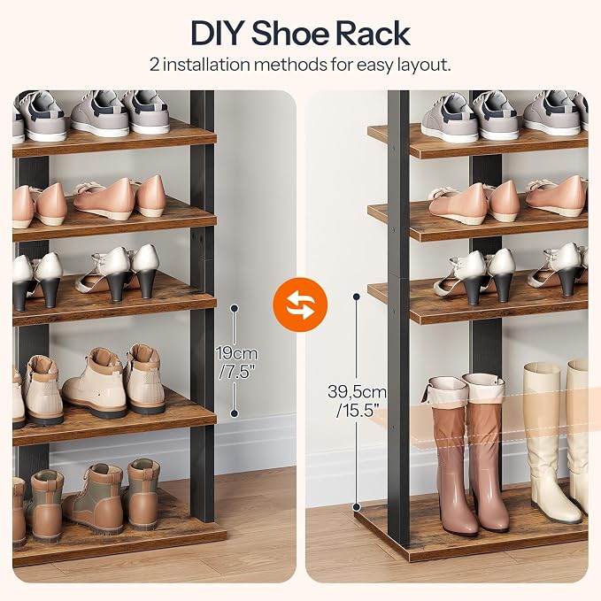 HOOBRO 10 Tiers Vertical Shoe Rack, Wooden Shoe Storage Organizer with Hooks, Narrow Shoe Tower for 20 Pairs, Space Saving, for Entryway, Living Room, Bedroom, Rustic Brown FG140XJ01 - Image 2