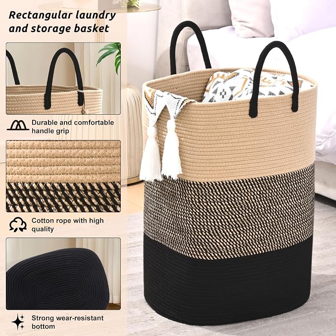 Woven Laundry Basket for Clothes, 100 L Large Rectangle Laundry Hampers, Nursery Storage Basket for Toys, Tall Dirty Clothes Hamper for Bedroom Aesthetic, Bathroom, Laundry Room - Image 9