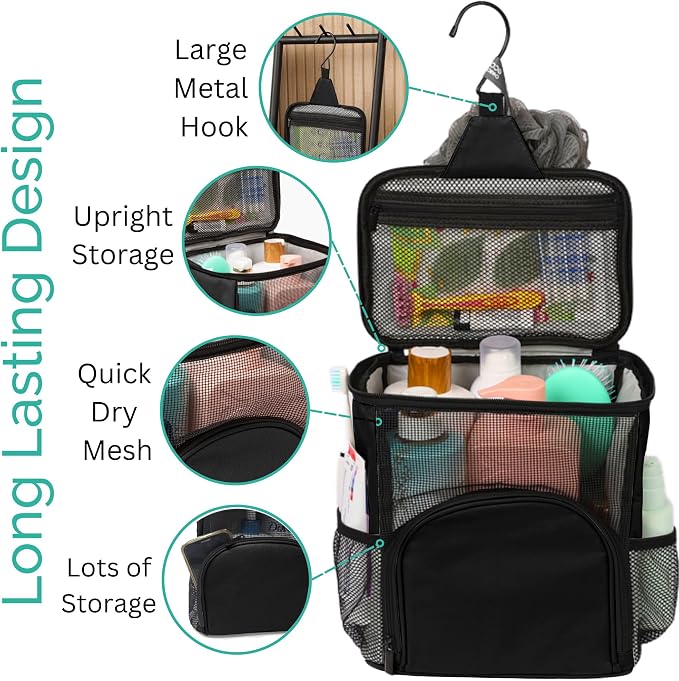 TERRA HOME Original Portable Shower Caddy For College Dorms - Foldable Mesh Tote - Dorm Room Essentials - Durable Hanging Travel Shower Bag - Perfect for College Students, Men, Women (Black) - Image 4