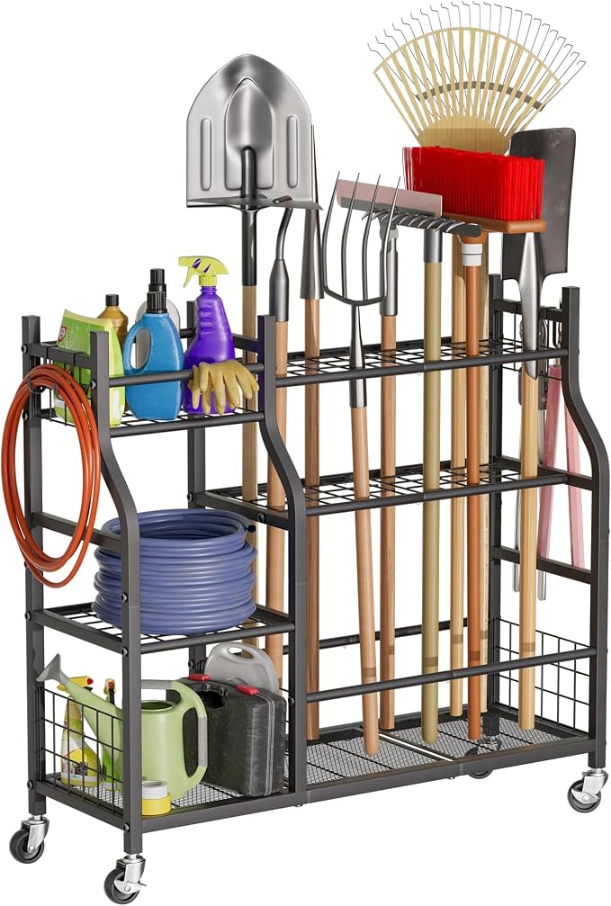 Garden Tool Organizer with Wheels for Garage and Shed, Spacious Tool Storage, Multi-Tier Design with Side Hooks for Rakes, Shovels, Brooms, and Yard Tools Rolling Cart by GIOTORENT