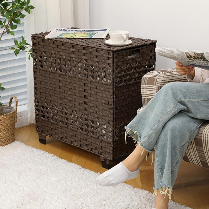 OIAHOMY Laundry Hamper with Lid, 140L Clothes Hamper with 3 Removable Liner Bags, Foldable Basket with Lid, Synthetic Wicker Laundry Basket for Bedroom, 27x 13 x 26 Inches, Brown - Image 2
