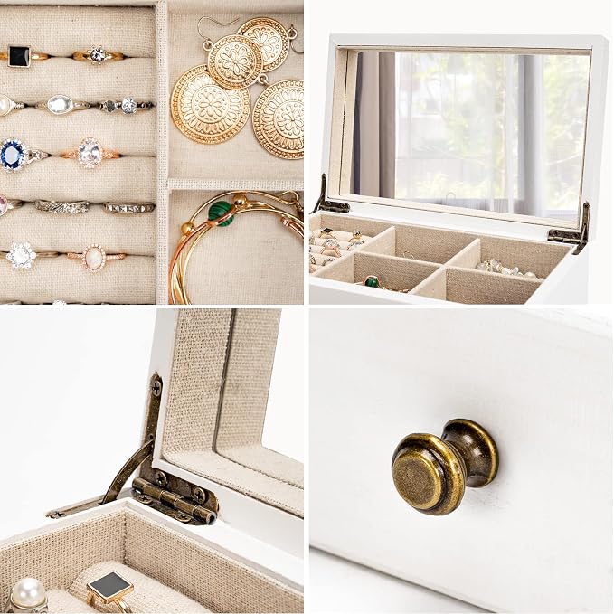 Meangood Jewelry Box Organizer for Women, 2 Layer Large Jewelry Storage Case, Rustic Wooden Jewelry Box with Mirror & Ring Tray for Necklace Earring Bracelets Rings, Vintage Style (White) - Image 5