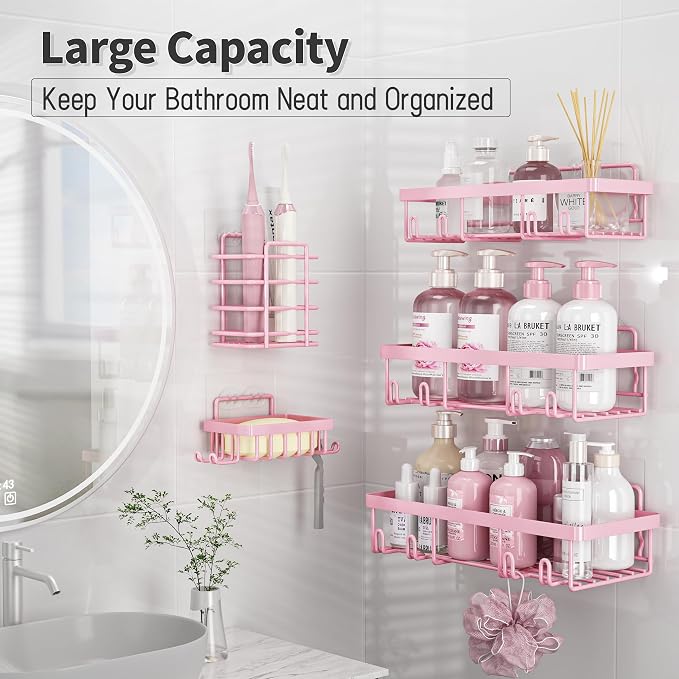Liuoud 5 Pack Shower Caddy Organizer Rack Shelf for Inside Shower, Adhesive Bathroom Wall Storage Basket Rustproof Stainless Steel Shampoo Holder, Girly Bathroom Accessory Decor Set, Pink - Image 3