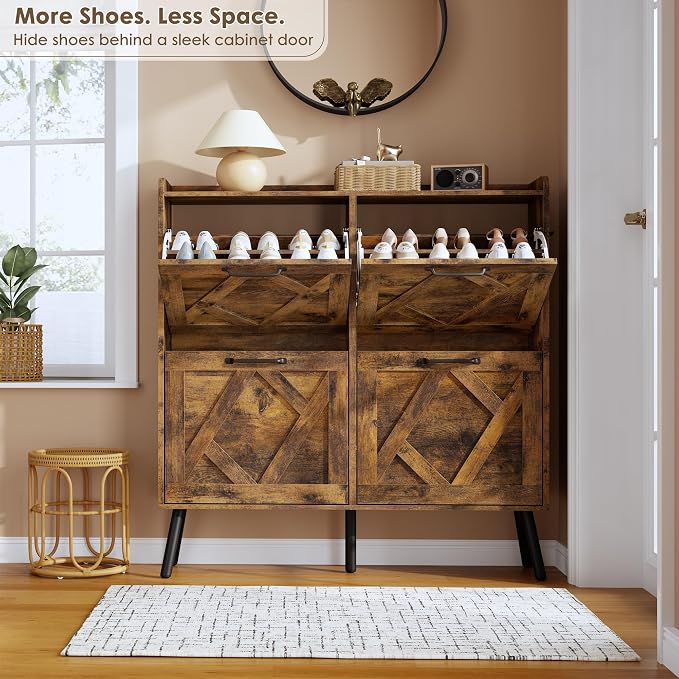 Nicetree Shoe Cabinet Storage for Entryway, Freestanding Shoe Storage Cabinet, Farmhouse Narrow Shoe Rack Cabinet for Entryway, Foyer, Hallway, Shoe Cabinet 4 Flip Drawers, Rustic Brown - Image 4