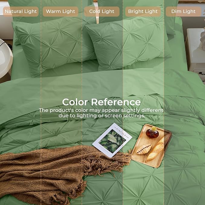Sasttie Twin Comforter Set, 5-Piece Bed in a Bag, Pintuck Bedding Sets for All Season, Includes Comforter, Flat Sheet, Fitted Sheet, Pillowcase and Pillowsham, Green