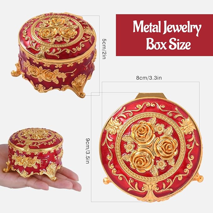 Vintage Jewelry Box, Gold Round Treasure Ring Box, Metal Trinket Organizer Keepsake Box Gift for Girl Women, Red - Image 2
