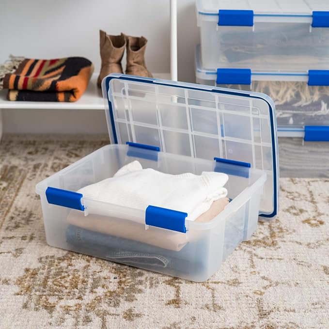 IRIS USA WeatherPro 27 Qt Storage Bins with Lids, 3 Pack, BPA-Free Plastic Gasket Box with Tight Latch and Seal, Stackable Nestable Tote Tub - Clear/Blue - Image 4