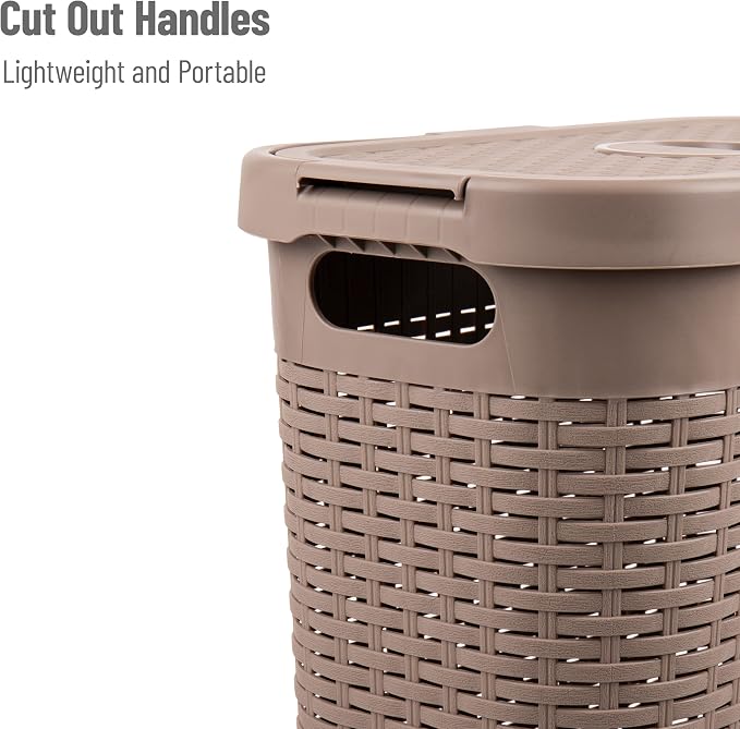 Mind Reader Slim Laundry Hamper with Lid, 40L Clothes Basket, Narrow Tapered Design with Ventilated Cutout Pattern, Plastic, Tan - Image 4