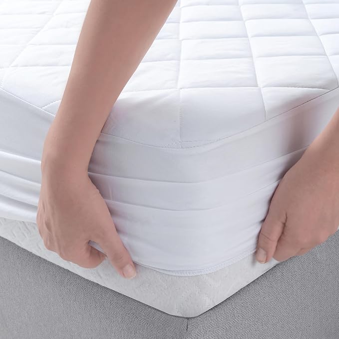 YATAS BEDDING Perle Quilted Fitted Mattress Protector, Machine Washable and Easy Care, Superior Protection and Comfort,100% Cotton Breathable top, White (Queen) - 59"x79" - 14" Deep Pocket