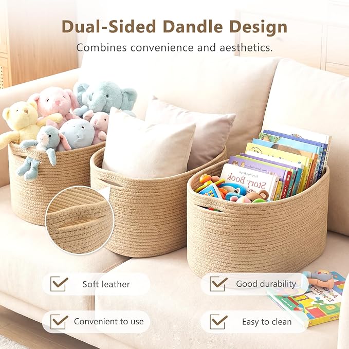 ECDYQXVU Cotton Rope Storage Basket, 15x10x9 Inches, Woven Basket for Shelves, Clothes, Towels, Books, and Laundry, Jute Brown (3 Pack) - Image 4