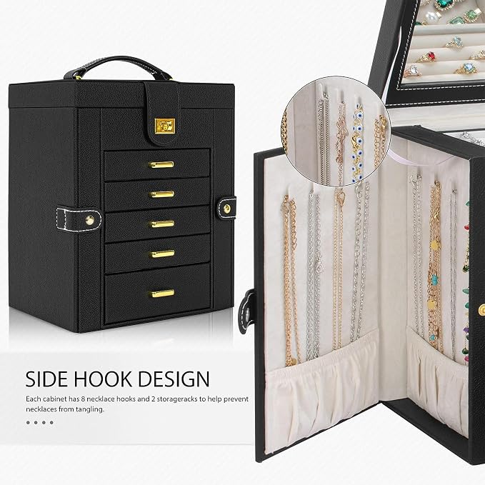AKOZLIN Jewelry Box Organizer Functional Leather Jewelry Storage Case for Women Girls Ring Necklace Earring Bracelet Holder Organizer with Mirror Black - Image 4