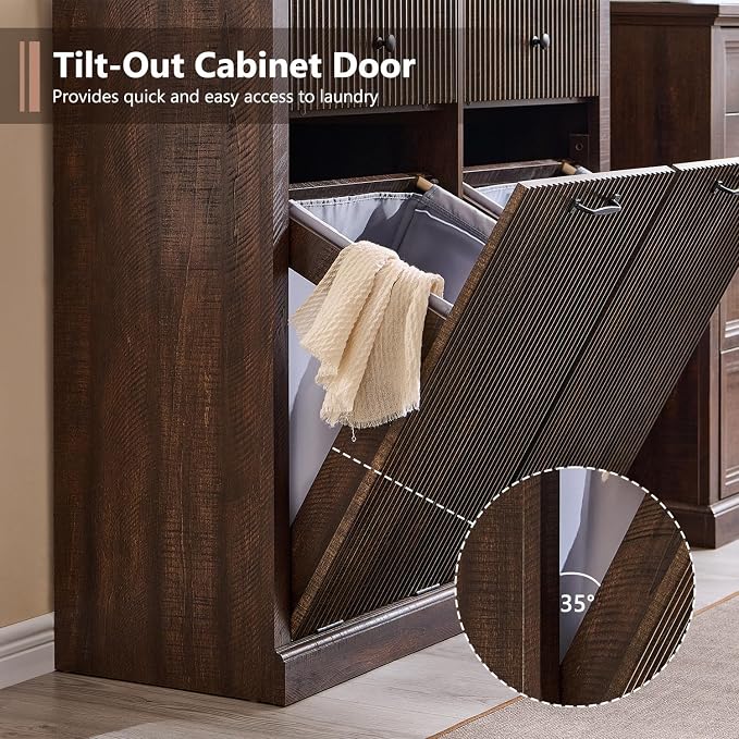 IFBUY Modern Double Tilt-Out Laundry Hamper Cabinet, 20 Gallon Fluted Trash Can Cabinet w/2 Drawers, Wooden Hidden Garbage Can Cabinets w/Laundry Basket, Free Standing for Bathroom and Kitchen, Brown - Image 4