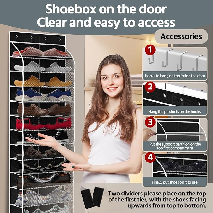 PAULONE 12 Pocket Over the Door Shoe Organizer,Reusable Breathable Large Mesh Bag Men's & Women's Sneaker Organizer,Shoe Organizer for Kids,Hanging Shoe Storage Hanging Bag (Black) - Image 4