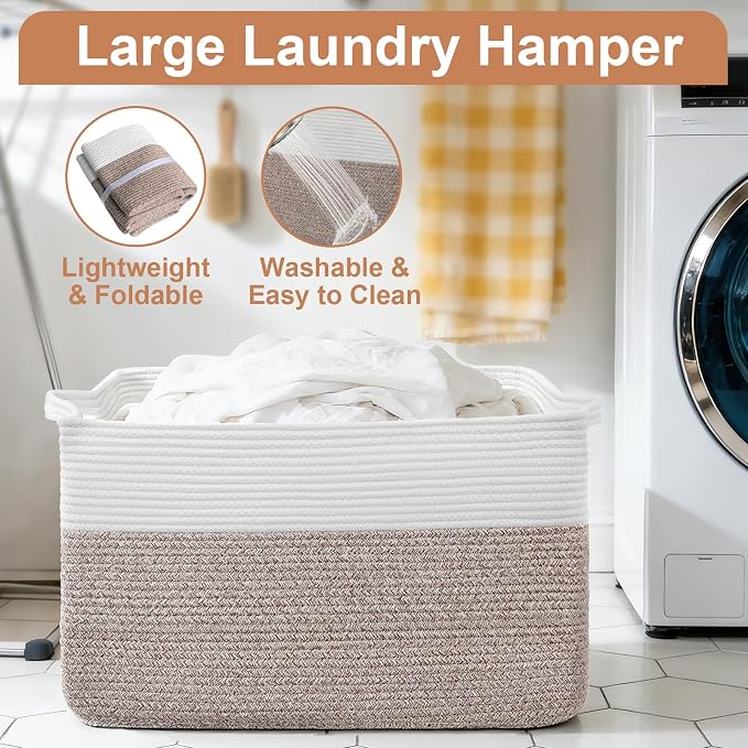 75L Extra Large Blanket Basket for Living Room - Cotton Rope Laundry Hamper Woven Baskets XXL Storage Bin with Handles for Dirty Clothes, Kids, Pets, Toys, Bedroom, 22" x 17" x 12", White & Brown - Image 5