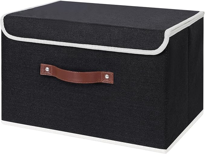 ANMINY Storage Bin with Lid Storage Boxes with PU Leather Handles PP Plastic Board Decorative Foldable Lidded Cotton Linen Fabric Home Cubes Baskets Closet Organizer Container - Black, Large Size by ANMINY