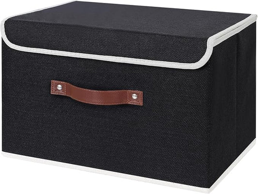 ANMINY Storage Bin with Lid Storage Boxes with PU Leather Handles PP Plastic Board Decorative Foldable Lidded Cotton Linen Fabric Home Cubes Baskets Closet Organizer Container - Black, Large Size by ANMINY