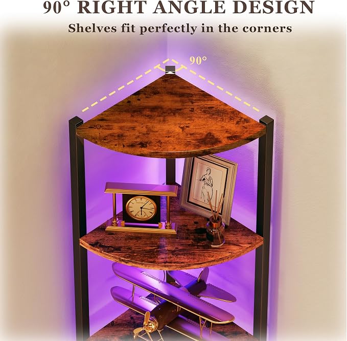 Corner Shelf with LED Lights, 6-Tier Corner Bookshelf, 66'' Organizer Book Shelf Shelves Steel Frame Display Stand with Living Room, Bedroom, Study, Rustic Brown - Image 4
