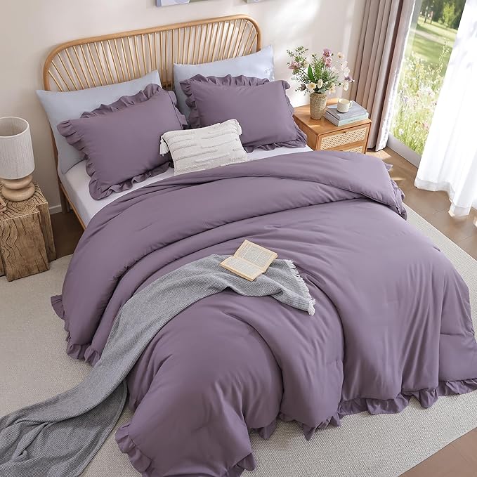 JANZAA Comforter Set Full Size Grayish Purple Ruffle Comforter 3PCS Soft Fluffy Comforter Vintage Farmhouse Bed Comforter Set Shabby Chic Bedding with 2 Pillowcases