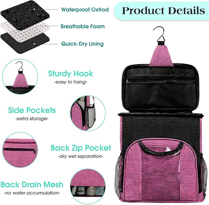Attmu Portable Shower Caddy College Tote Bag, Quick Dry Hanging Toiletry Bag, Large Capacity Mesh Shower Caddy Portable for College Dorm Room Essentials for Boys and Girls for Bath Camping (Pink) - Image 4