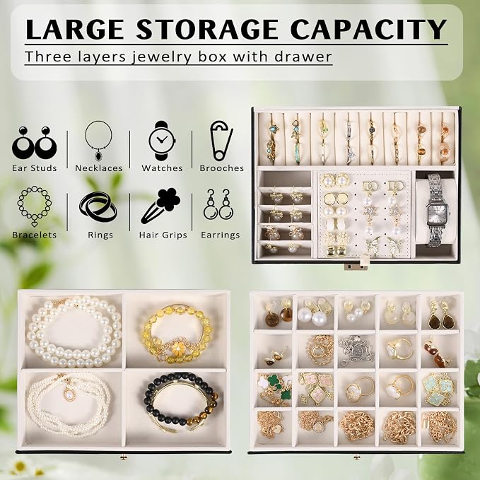 3 Layer Jewelry Boxes for Women with Mirror Large Jewelry Holder Organizer with 2 Jewelry Organizer Drawer PU Lockable Elegant Unique Gifts for Women, Black - Image 7