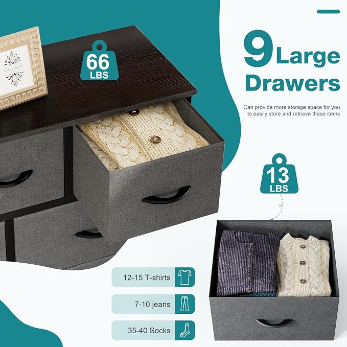 OLIXIS 9 Drawers Storage Organizers Units, Closet Organizers and Storage for Clothes, Fabric Storage Drawer for Living Room, Chest of Dresser in 39.4" D x 11.8" W x 39.9" H, Grey - Image 4