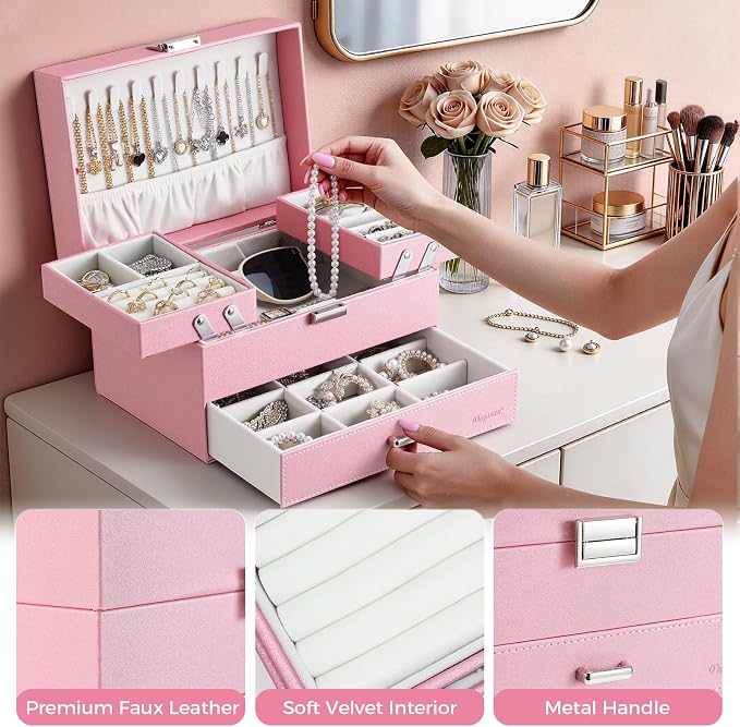 Dajasan Jewelry Organizer Box, Large Jewelry Boxes for Women Girls, Space-Saving 3 Layers Jewelry Storage Case with Drawer, Gift Idea, Movable Metal Stand, Modern (Pink) - Image 5