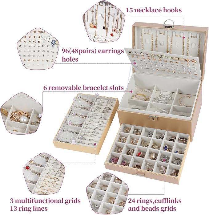 BOOVO Earring Jewelry Box For Women Girl Stud Organizer, 5 Layers Girl Jewelry Organizer Box With Lock Earring Holder Organizer Necklace Ring Jewelry Organizer Box For Girls (Champagne) - Image 2