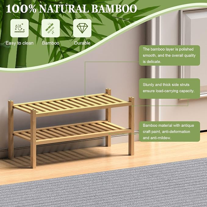 ROMGUAR CRAFT (Thick Bamboo Shoe Rack for Entryway, 2-Tier Free Standing Shoe Racks Stackable Shoe Rack Organizer for Hallway Closet Living Room 27 x12 x14 Inches - Image 6