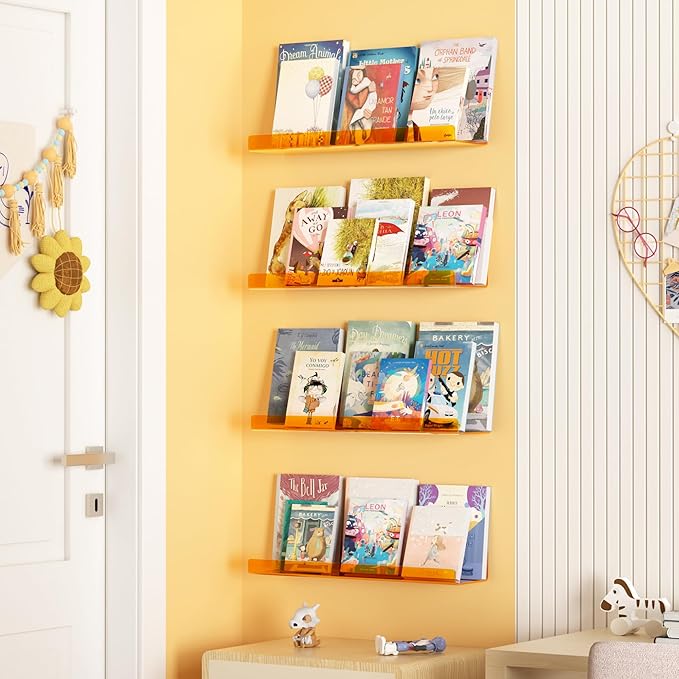 upsimples Acrylic Shelves for Wall Decor, 15" Display Shelf Perfume Organizer for Bathroom, Bedroom, Living Room, Floating Bookshelves for Kids, Clear Orange, 4 Pack - Image 4