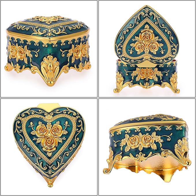 Hipiwe Vintage Metal Jewelry Box - Heart Shape Trinket Box Ring Case with Rose Pattern Jewelry Storage Box for Ring Earrings Necklace, Keepsake Box for Women, Blue - Image 7